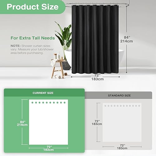 Vista 491 de Dynamene Cortina de ducha larga de tela negra – Cortinas de ducha de tela alta y resistente con textura de gofre, juego de cortina de baño de lujo