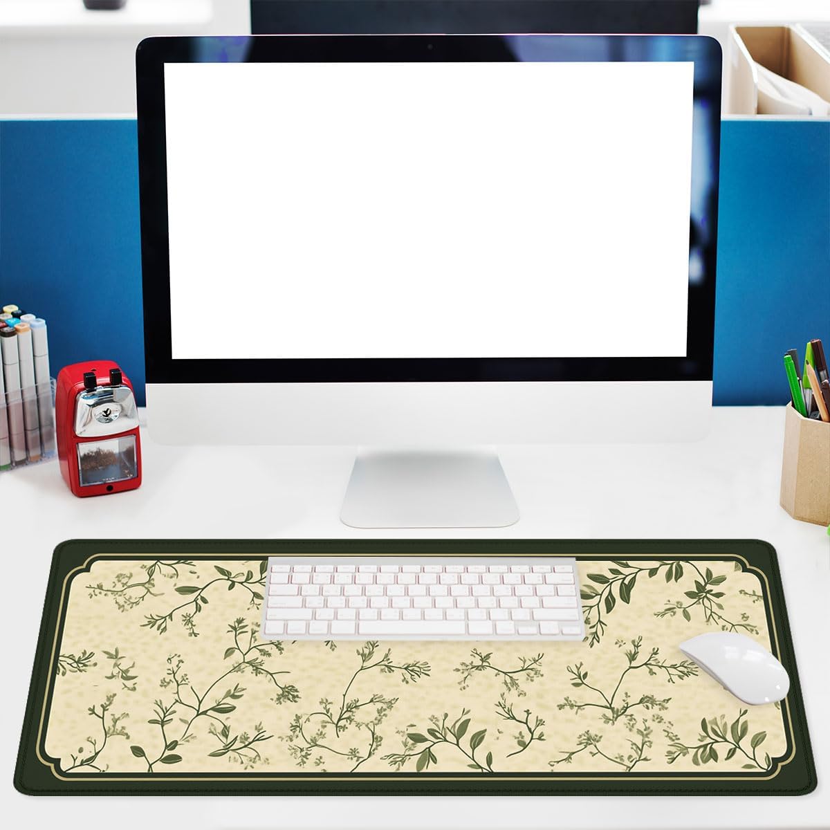 Vintage Botanical Large Gaming Mousepad, Green Vines Desk Mat for Keyboard, Large Gaming Mouse Mat with Stitched Edges,Non-Slip Waterproof Rubber Base Mous Mat, 31.5" x 11.8" - Image 6
