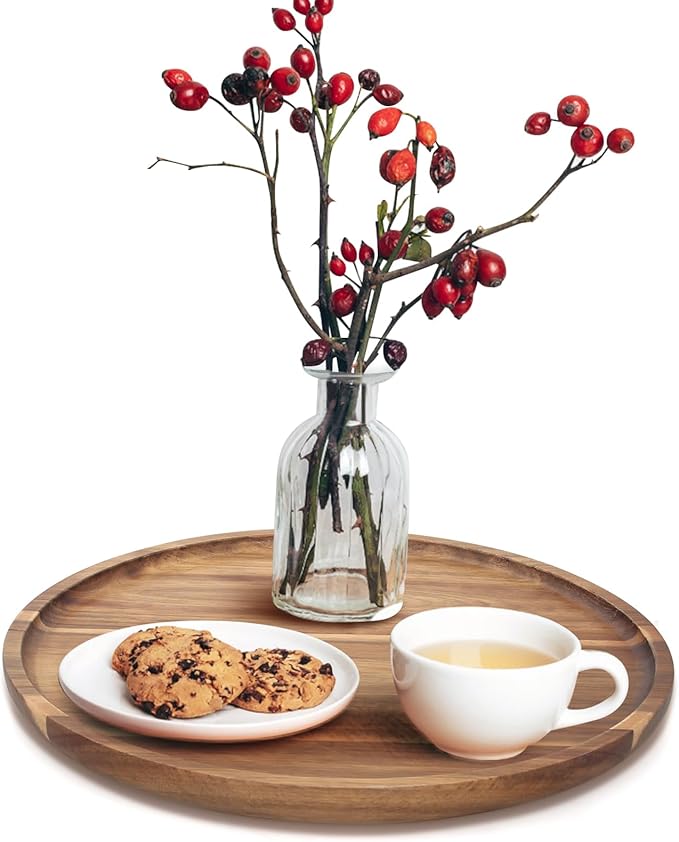 12 Inch Round Acacia Wood Serving Tray Food Charcuterie Board Decorative Tray for Kitchen Counter Bathroom Trays Home Decor Large Wooden Platter Circle Tray Coffee Table Tray Lazy Susan Candle Tray