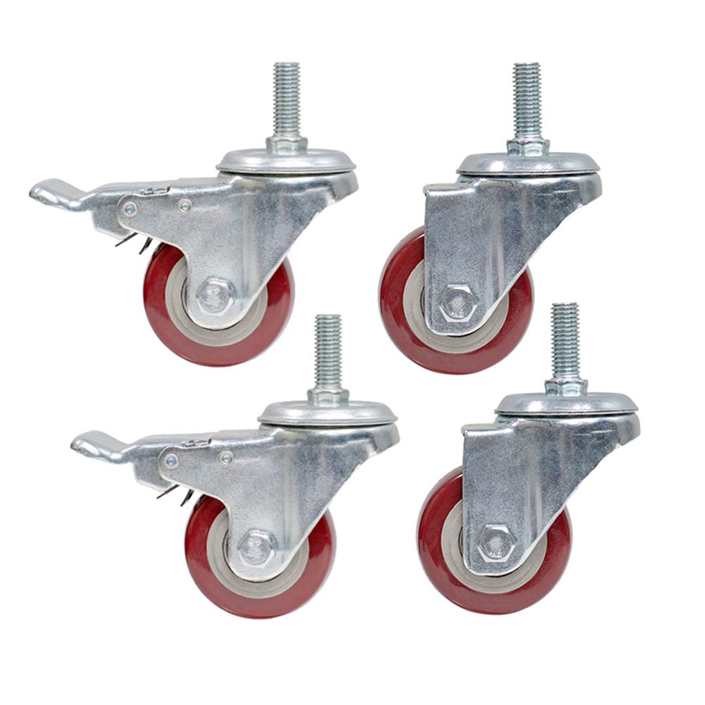 GYRAZXS 4 x Heavy Duty PU Casters 2.5" (63mm) Thread Stem M12 300kg Load Swivel Silent Wheels with Brake for Furniture Office Chairs Hospital Equipment Scaffolding