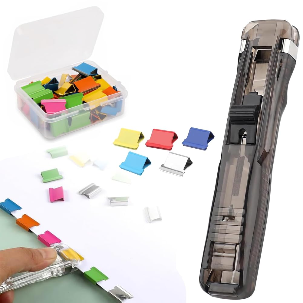 Clam Clip Dispenser,Binder Clips,Desktop Push Stapler with 50 Portable Refill Clips,Paper Clamps,Paper Binder,Wall Stapler,Seamless Staplers Clip for School Office Home Document (Black)