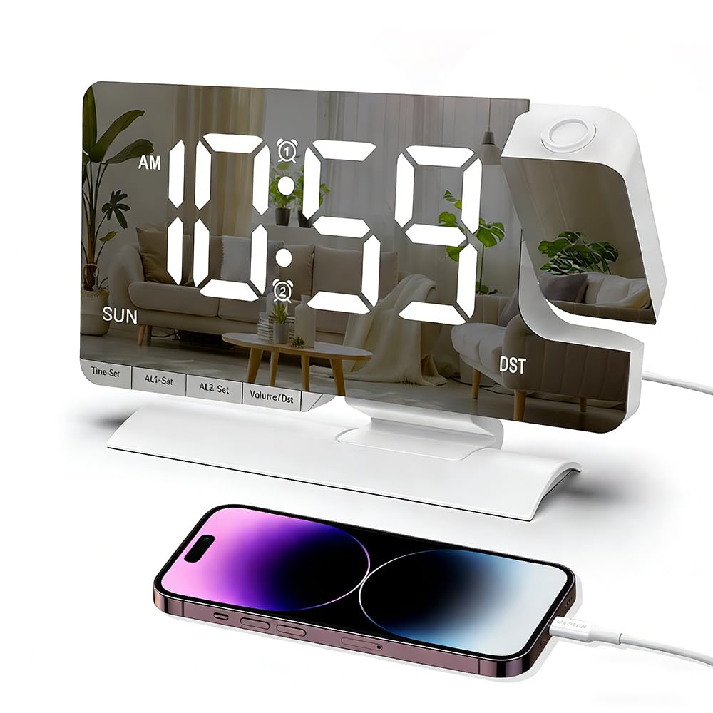 Nzkeuf Projection Clock,Digital Alarm Clock with180°Projector, Electronic Mirror Clock with LED Display, Digital Clock for Bedroom, Home, Office with Temperature Date 12/24H Light,Sound,Dst,Snooze Set