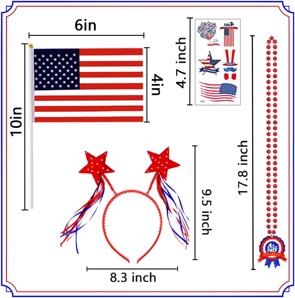 104 Pcs Patriotic Party Supplies, 4th of July Accessories with Necklaces Headbands Flags Tattoo Stickers for Independence Day Celebration Decorations