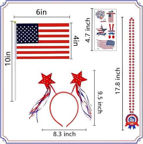 Miniatura 3 de UMEELR 104 piezas de suministros patrióticos para fiestas, accesorios del 4 de julio con collares, diademas, banderas, calcomanías de tatuaje para