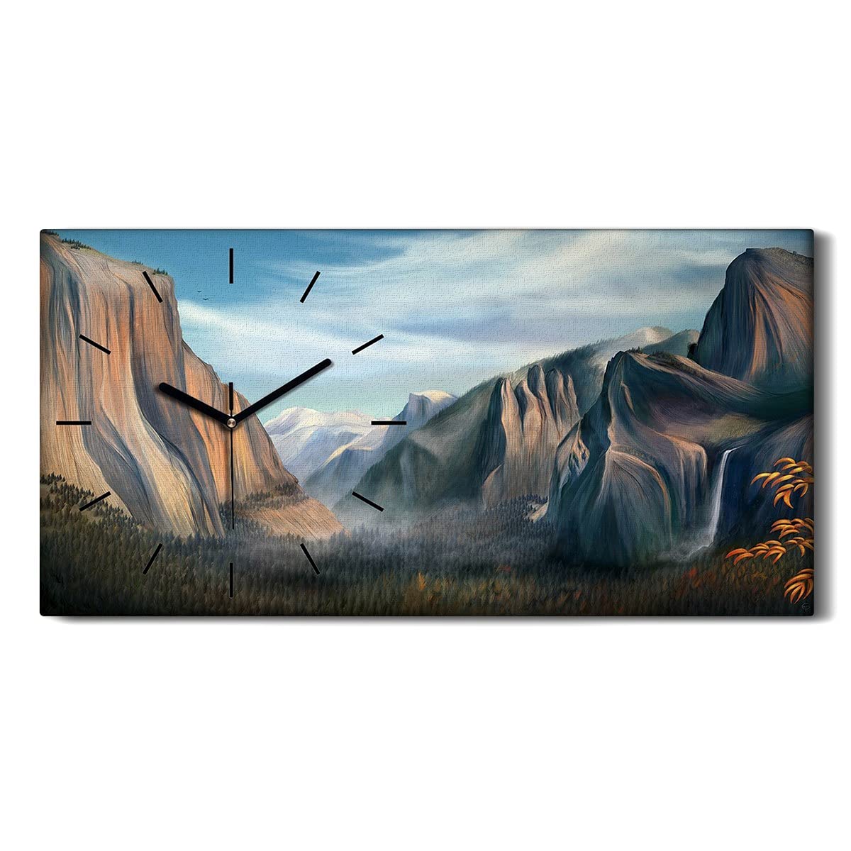 Horloge sur Toile Coloray 60x30cm avec Mains Noires - Motif Montagnes Automne