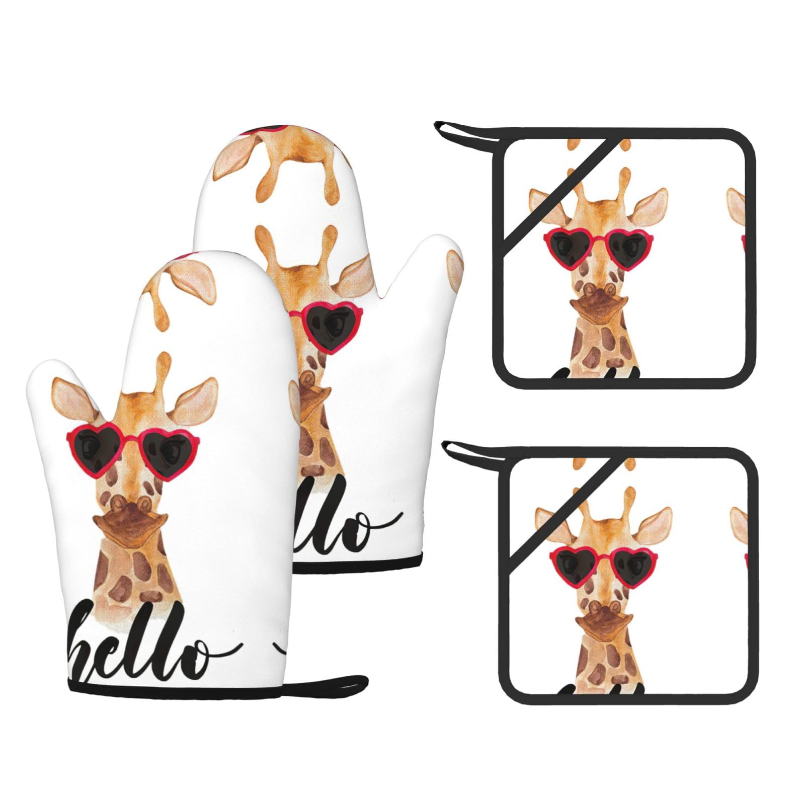 Giraffe Printed Oven Mitts and Pot Holders Set of 4, Heat Resistant Silicone Gloves for Baking Grilling