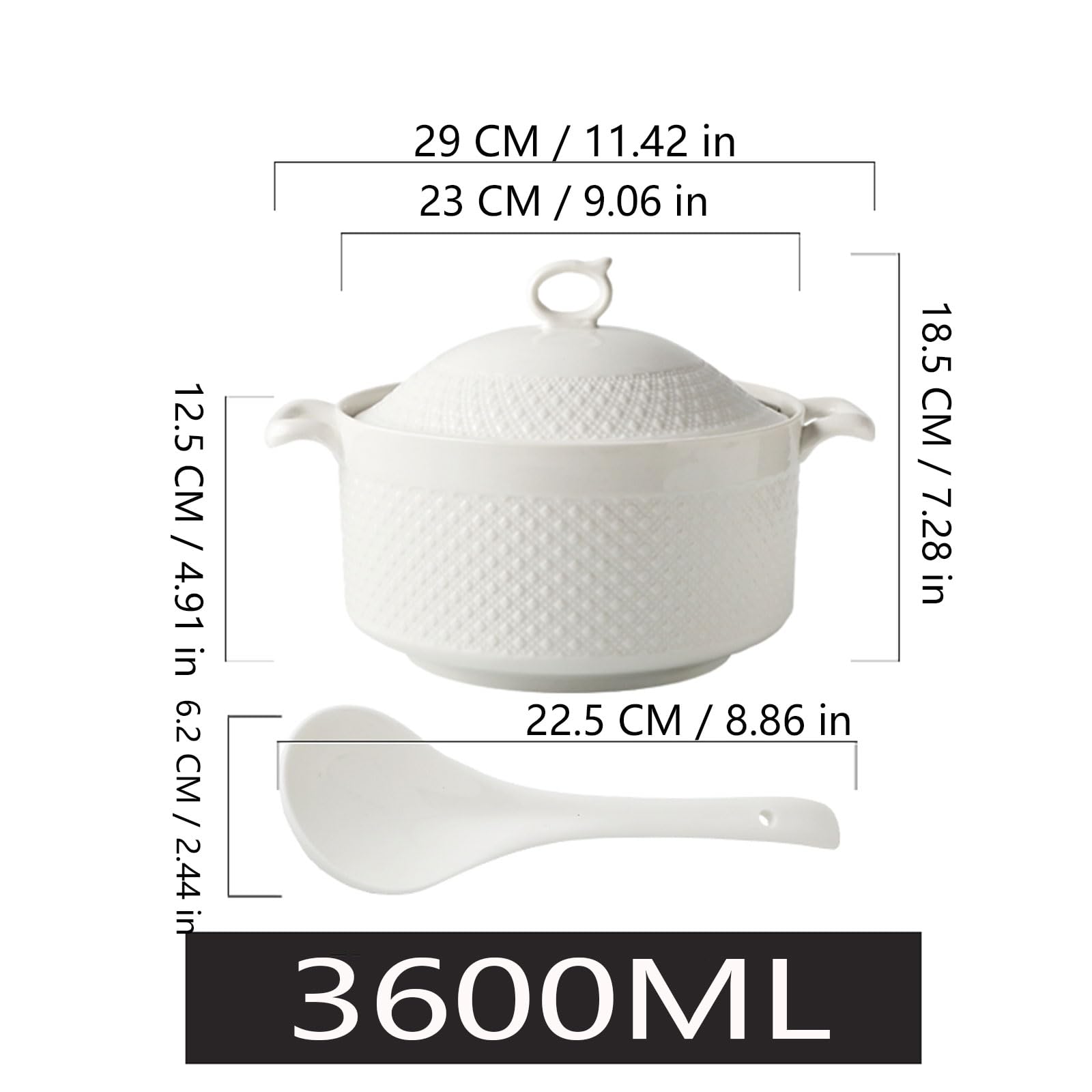 YLME Zuppiera per Zuppa con Mestolo E Coperchio in Porcellana per La Cucina di Ristoranti E Case Pentola per Zuppa E Brodo in Ceramica Bianca Decorata,3600ml/3.27qt