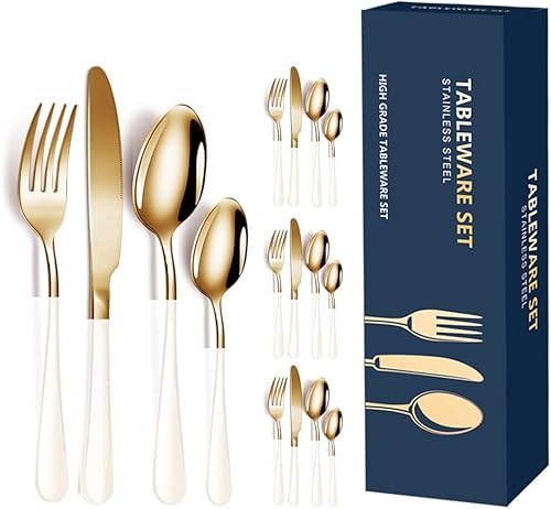 Miniatura 9 de XIAOYU Juego de cubiertos de acero inoxidable de 16 piezas para 4, cuchara dorada brillante y mango mate, juego de cubiertos para el hogar, cocina,