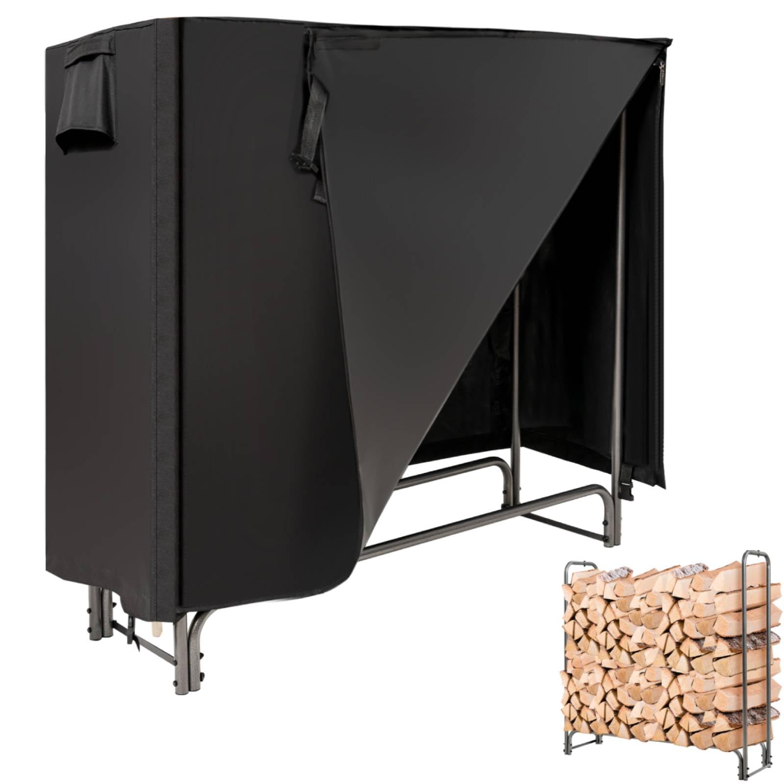 COSTWAY 4FT/5FT/6FT/8FT Firewood Log Rack, Wood Storage Holder with Waterproof Zipper PVC Cover, Heavy Duty Firewood Storage Shelf Stand for Indoor Outdoor Fireplace (4FT(123x35x123cm), with Cover)