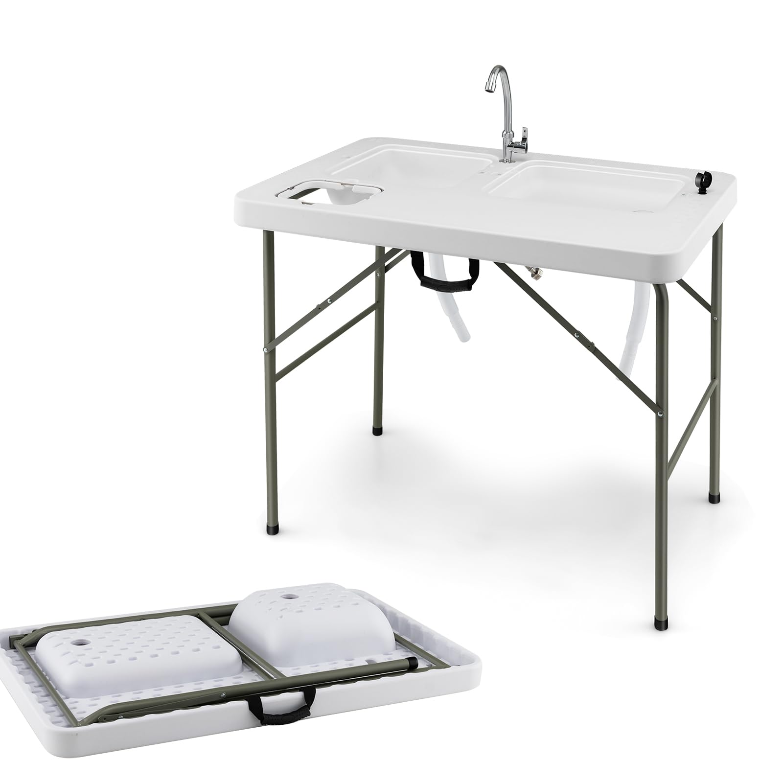 KOMFOTTEU Mesa de Camping Plegable Portátil Con Grifo Giratorio, 2 Fregaderos, Escala de Medición y Cubo de Basura - Para Picnic, Barbacoa, Pesca y Fileteado