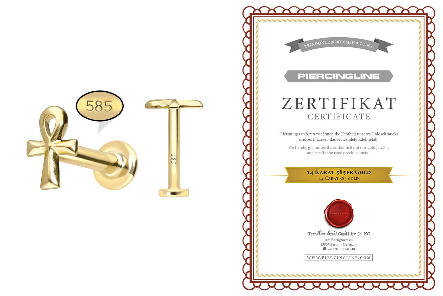 PIERCINGLINE 14 Karat Gold Labret Ohr-Piercing mit Push Fit ÄGYPTISCHES KREUZ Farb & Größenauswahl