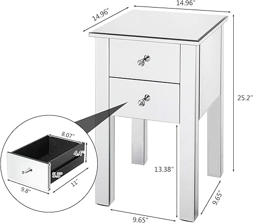 Miniatura 10 de NALLBEIRRAA Mesita de noche con espejo con cajones, mesa auxiliar de espejo plateada con acabado de espejo para sala de estardormitorio (plateado)