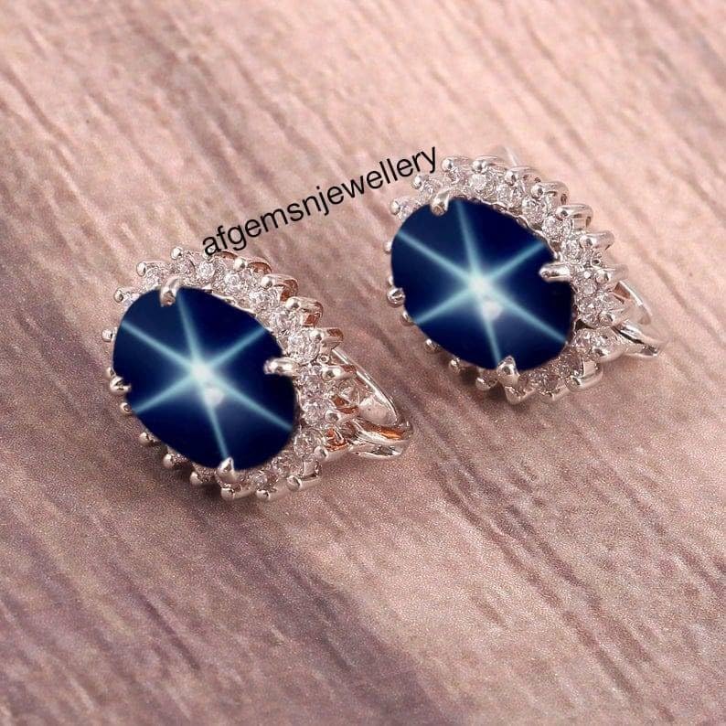 Lindy Star Earrings in 925 Sterling Silver Blue Star Sapphire Earrings for Women's