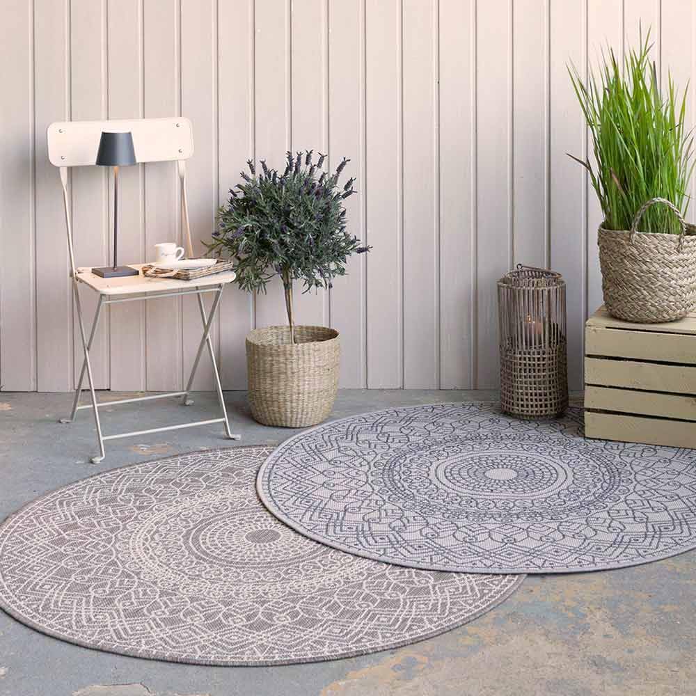 Knutzen Wohnen Palma In- & Outdoor Teppich Rund wetterfest Ø 120 cm Beige - Boho Teppich - Mandala Teppich