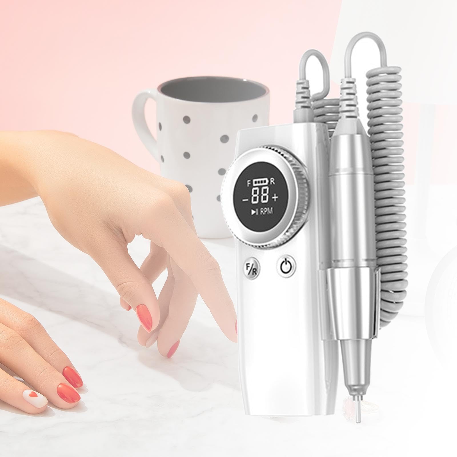 Lima de Uñas Portátil, Lima de Uñas Eléctrica, Bajo Nivel de Ruido, Ajustable para Pulir Y Quitar Uñas de Gel, Blanco