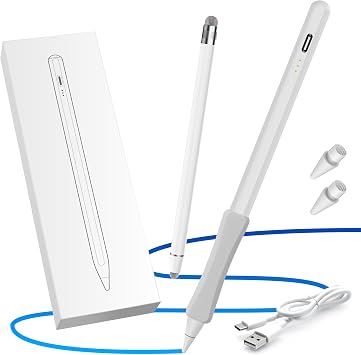 OASO Stylus Pen, Tilt Drawing Palm Rejection Stylus Pencil for Apple iPad 6/7/8/9/10, Mini 5/6, Air 3/4/5, Pro 11/12.9, M2/M3/M4/M5, Include Pencil Grip & Extra Tips & Universal Stylus White