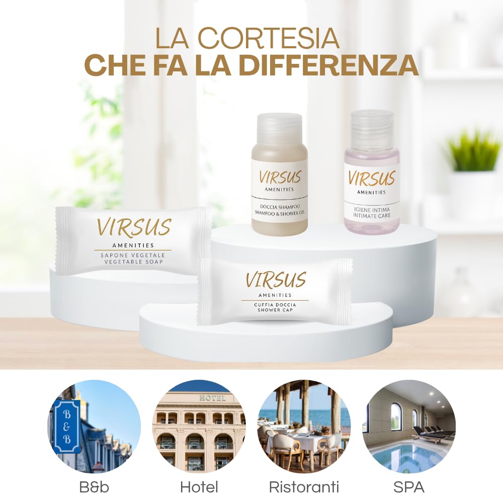 Virsus 400 Pezzi Kit Cortesia LUSSO: 100 Flaconi Igiene intima da 20ml, 100 Flaconi Doccia Shampoo da 20ml, 100 Saponette da 9gr, 100 cuffie monouso in bustina per Albergo Hotel B&B, Linea cortesia