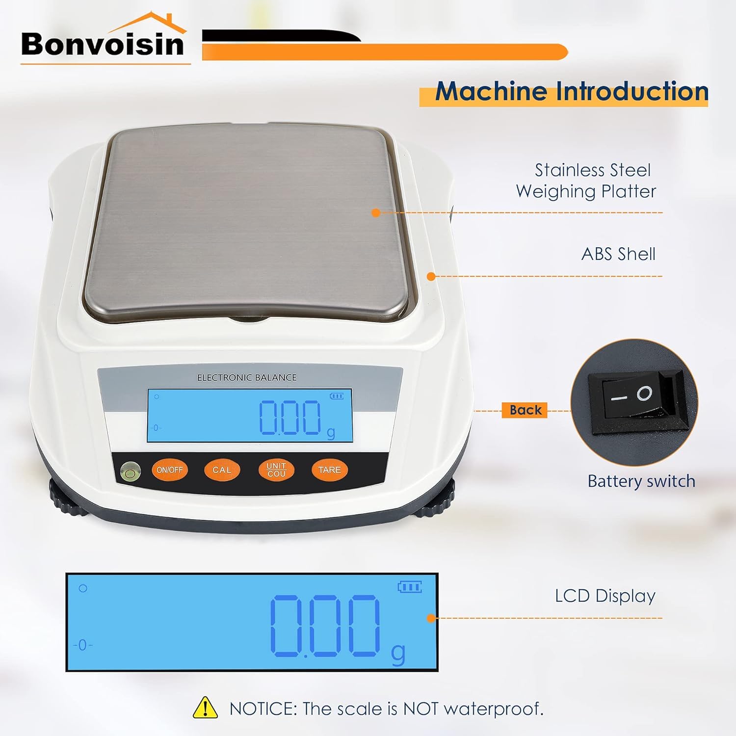 Bonvoisin Analysenwaage 2000g x 0,01g Hochpräzise Laborwaage Edelstahl-Wägeplatte Dualer Betrieb 32H Akku