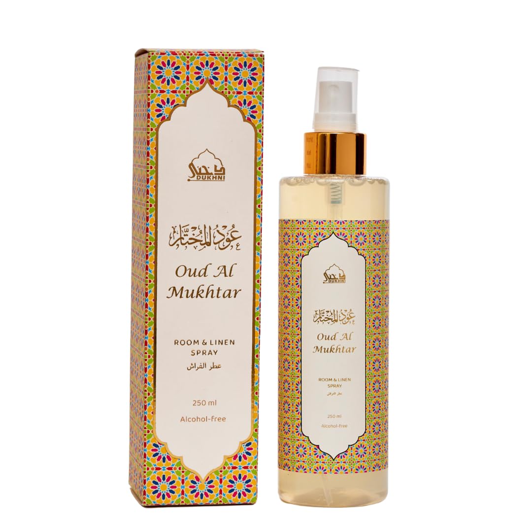 Dukhni Oud Al Mukhtar Attar Al Faraash | 250ml Non Alcoholic Spray | Arabic Natural Mist | Air Freshener, Room Mist, Fabric & Linen Spray | Perfect for Prayer mats, beds, sofas, curtains | Halal