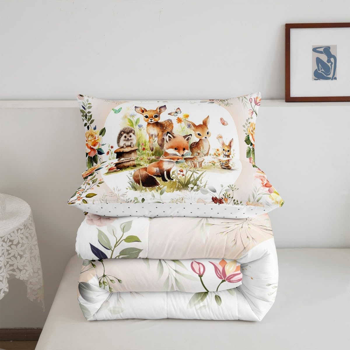 Feelyou Kids Cute Deer Fox Rabbit Comforter Set Twin Size Boys Girls Cartoon Animal Comforter Flower Floral Print Bedding Set Farm Zoo Wildlife Style Decor Quilt Set