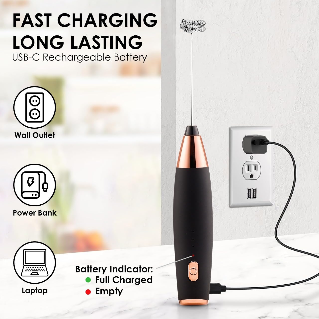 QLECT Pro 3 Speed Electric Milk Cofee Frother with Whisk | Wireless | Rechargeable Heavy Duty 1200 MAH Battery | 12000 RPM | Uses- Blender/Beater/Stirr/Foamer/Whipper/Cream Spinner (Black) 2