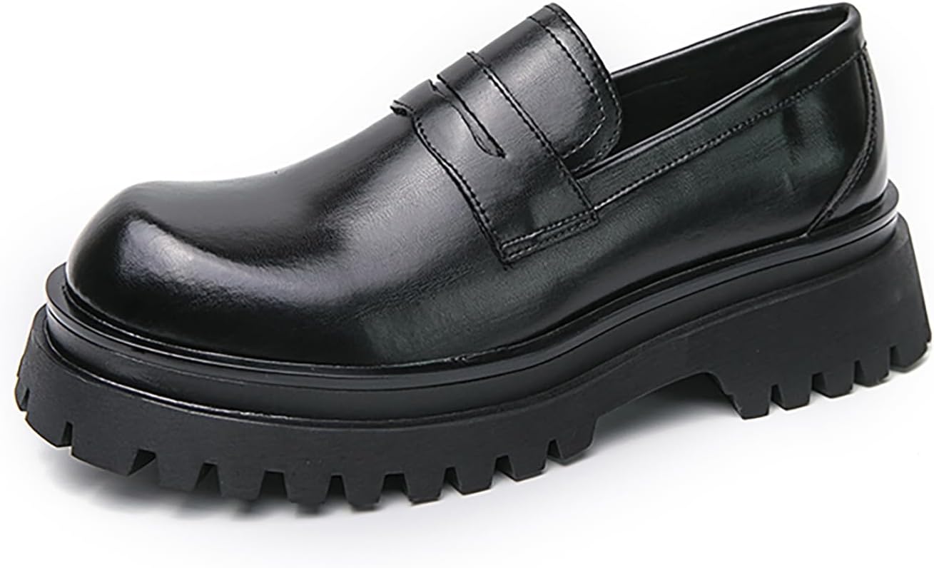 Men's Leather Platform Slip-On Loafers Round Top Chunky Heel Lug Sole Penny Dress Shoes Low Top Non-Slip Comfortable Work Business Shoes