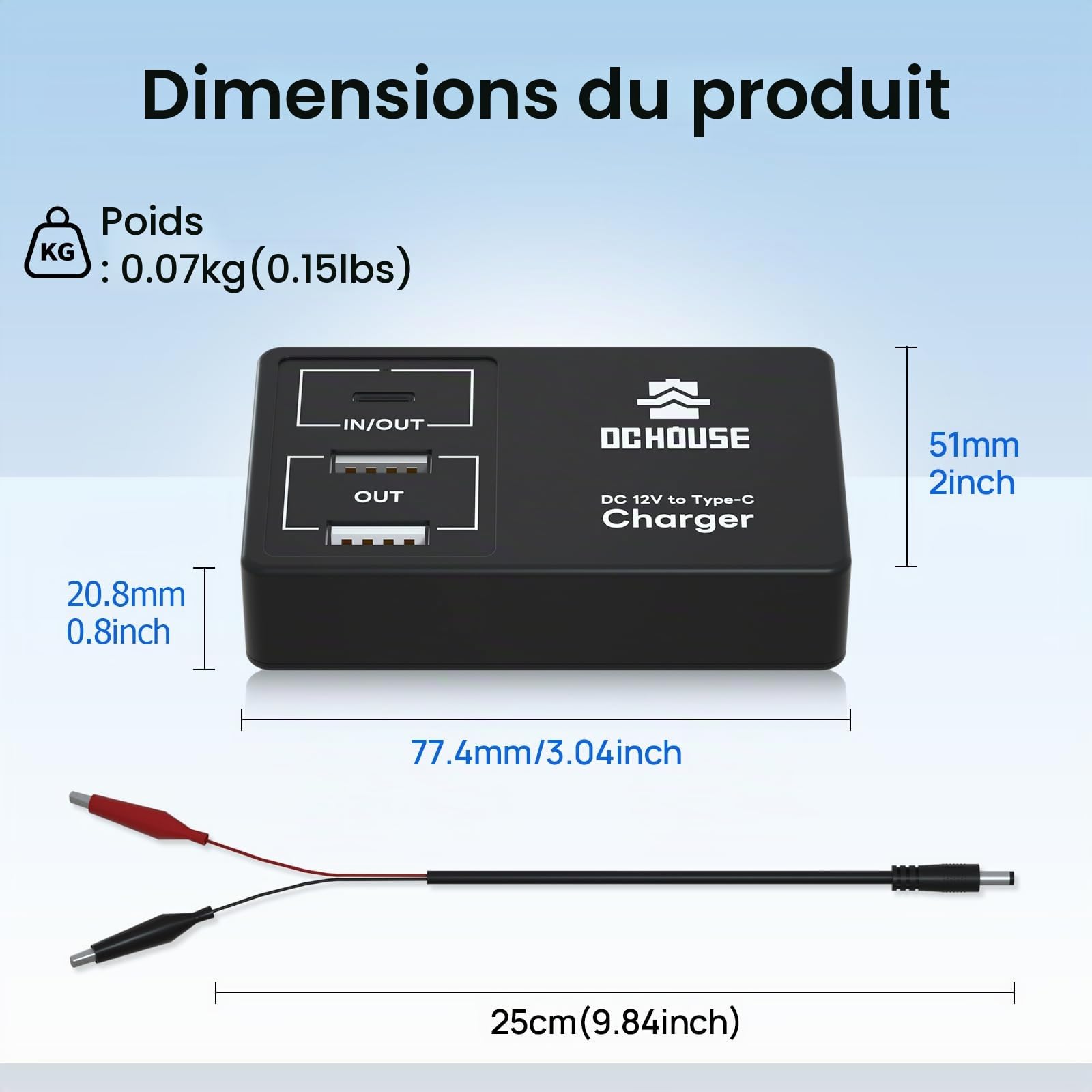 DCHOUSE 12V 6Ah LiFePO4 Batterie avec chargeurs de Batterie 4A, DC 12V vers Type C et USB, convertisseur de Batterie pour Camping-Car, Chariot de Golf, Tondeuse à Gazon, Panneau Solaire, Camping