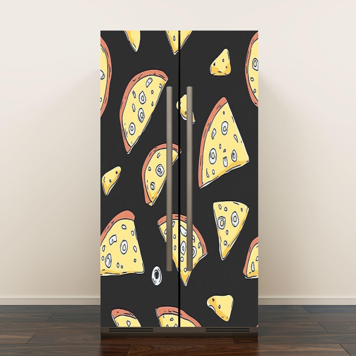 Self Adhesive Vinyl Refrigerator Wrap Set Seamless Pizza Pattern Black White Pizza Doodle Pizza Fast Food Door Mural Removable Fridge Sticker Peel and Stick Decal Rustic Kitchen Decor