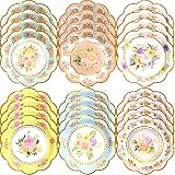 WorldBazaar Floral Plates Small Tea Party Decoration 24 Count Gold Foil Edge Paper Plate Birthday Fl
