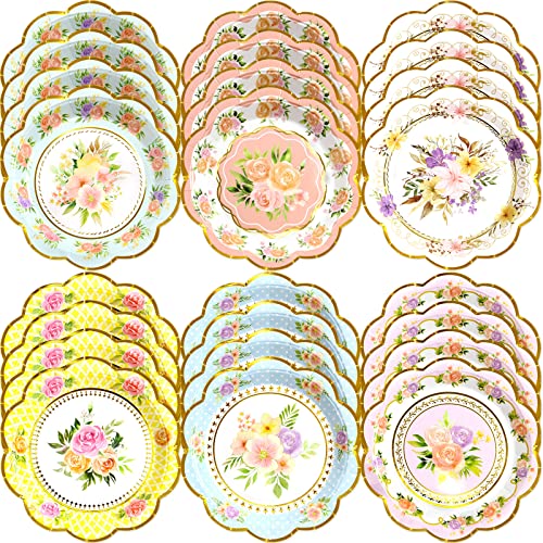 Worldbazaar Floral Plates Small Tea Party Decoration 24 Count Gold Foil Edge Paper Plate Birthday Flower Party Supplies #TOP24