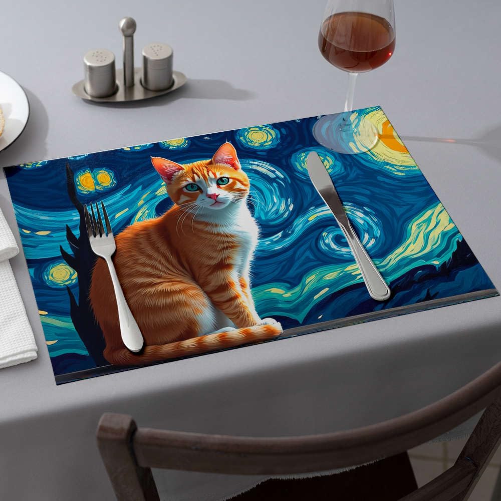 Set de table chat roux nuit étoilée rectangulaire lavable lot 4