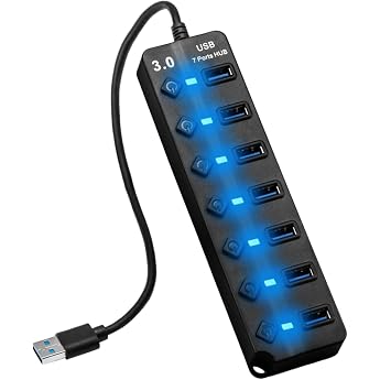 7 in 1 USB Hub 3.0 with Single Switches and 26 cm Cable USB Splitter PC for MacBook PS4 Surface Pro USB Multiport External Hard Drives Hub PC Splitter Multiple Adapter with LED Indicators