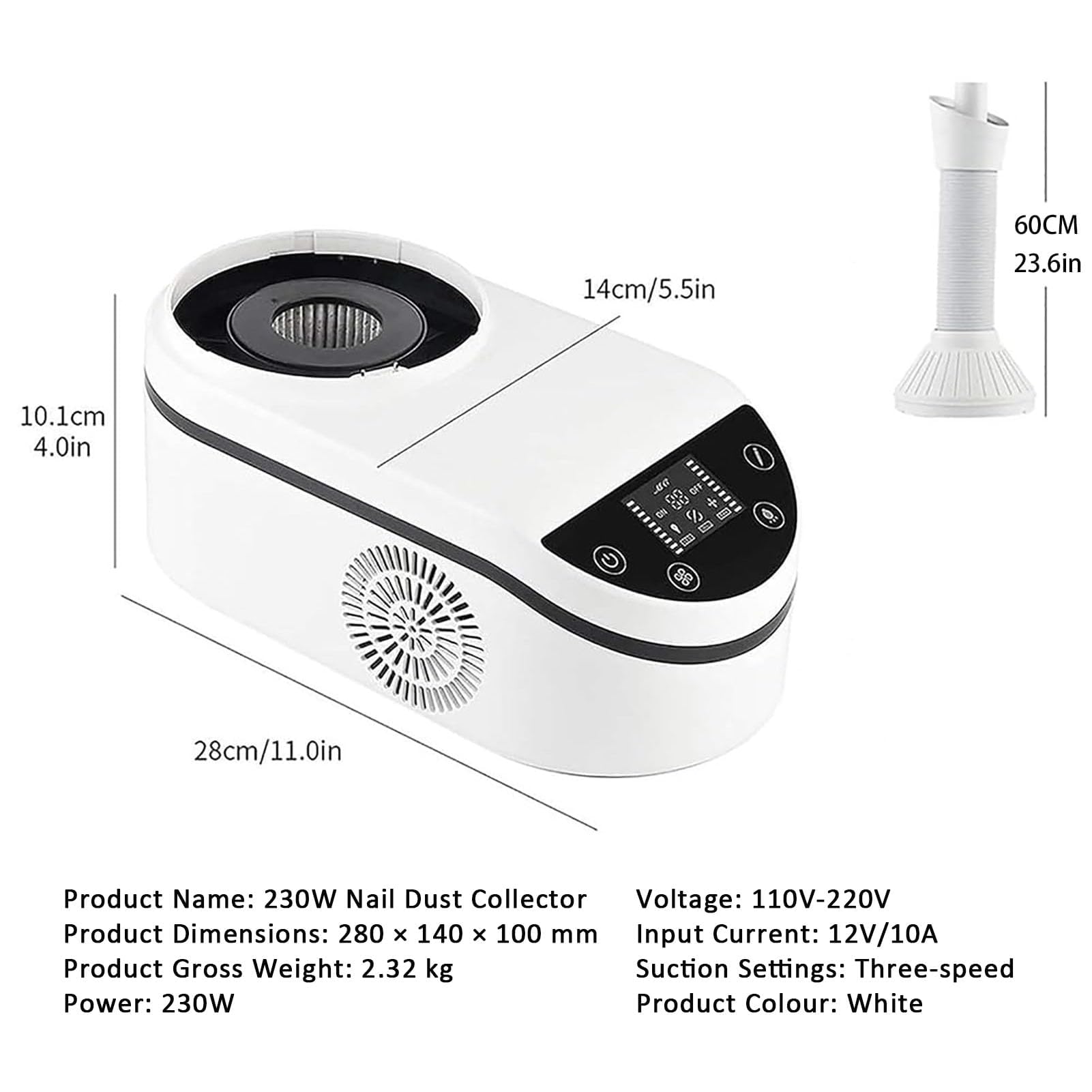 Próżnia zbieracza do paznokci 230W z wężem 360 ° i światłem LED, nisko hałasowy ekstraktor dentystyczny do akrylowego, przenośny elektryczny poler do salonu Home Craft Jewelry Carving