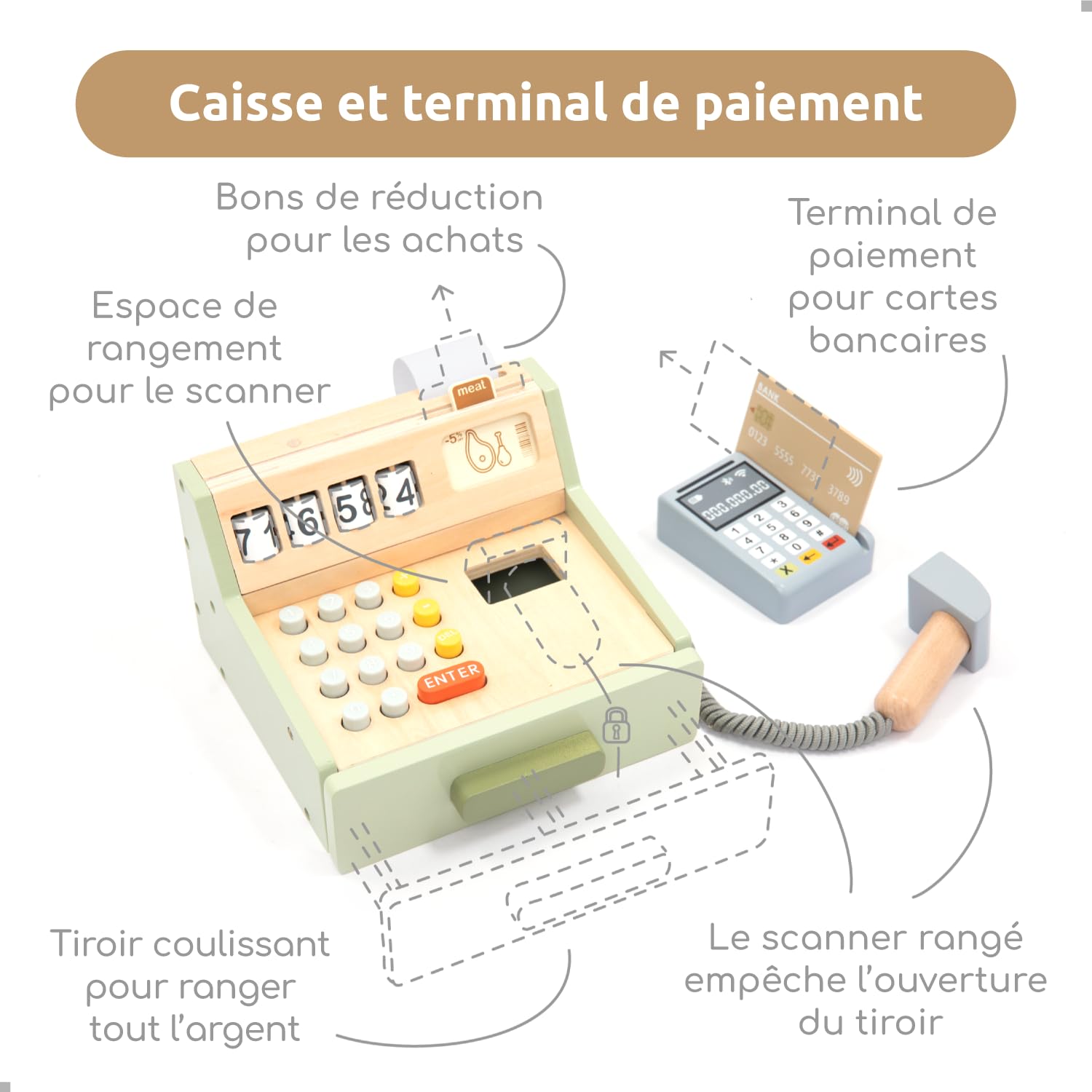 UMU® Caisse Enregistreuse en Bois pour Enfants avec Accessoires (Scanner, Terminal de Paiement, Argent de Jeu), Magasins pour Jeu de Rôle, à Partir de