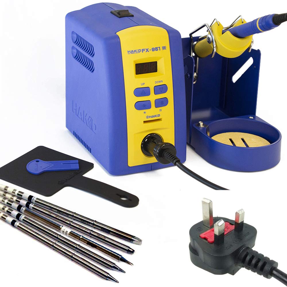 Hakko FX951 Professional Thermally Controlled Soldering Station & Soldering Iron with Tip Set Kit – Compact 75W High Power - Interchangeable Composite Tips – 91 Varieties (5 Included) - UK Plug