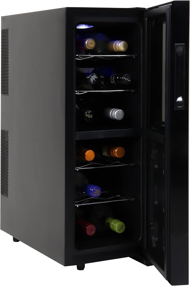 Urban Series 12 Bottle Wine Cooler Refrigerator Dual Zone Thermoelectric Wine Fridge Freestanding Wine Cellar for Red White Sparkling Wine Ideal for Kitchen Apartment RV | 12-bottle capacity, 4 removable racks, mirrored UV-blocking glass, LED light, dual zones