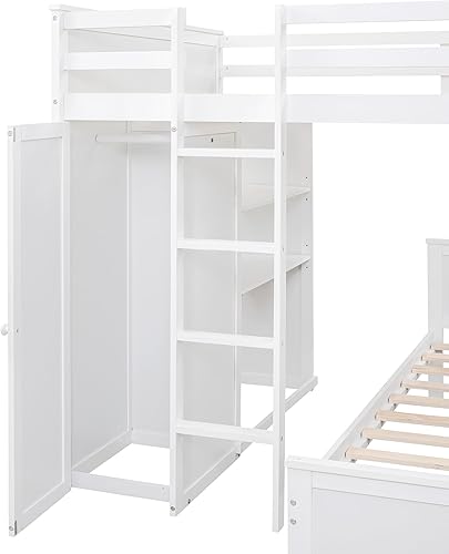 Miniatura 178 de Cama alta funcional tamaño individual con 2 cajones y 2 armarios, base de cama de madera maciza con barandilla de seguridad y escalera de