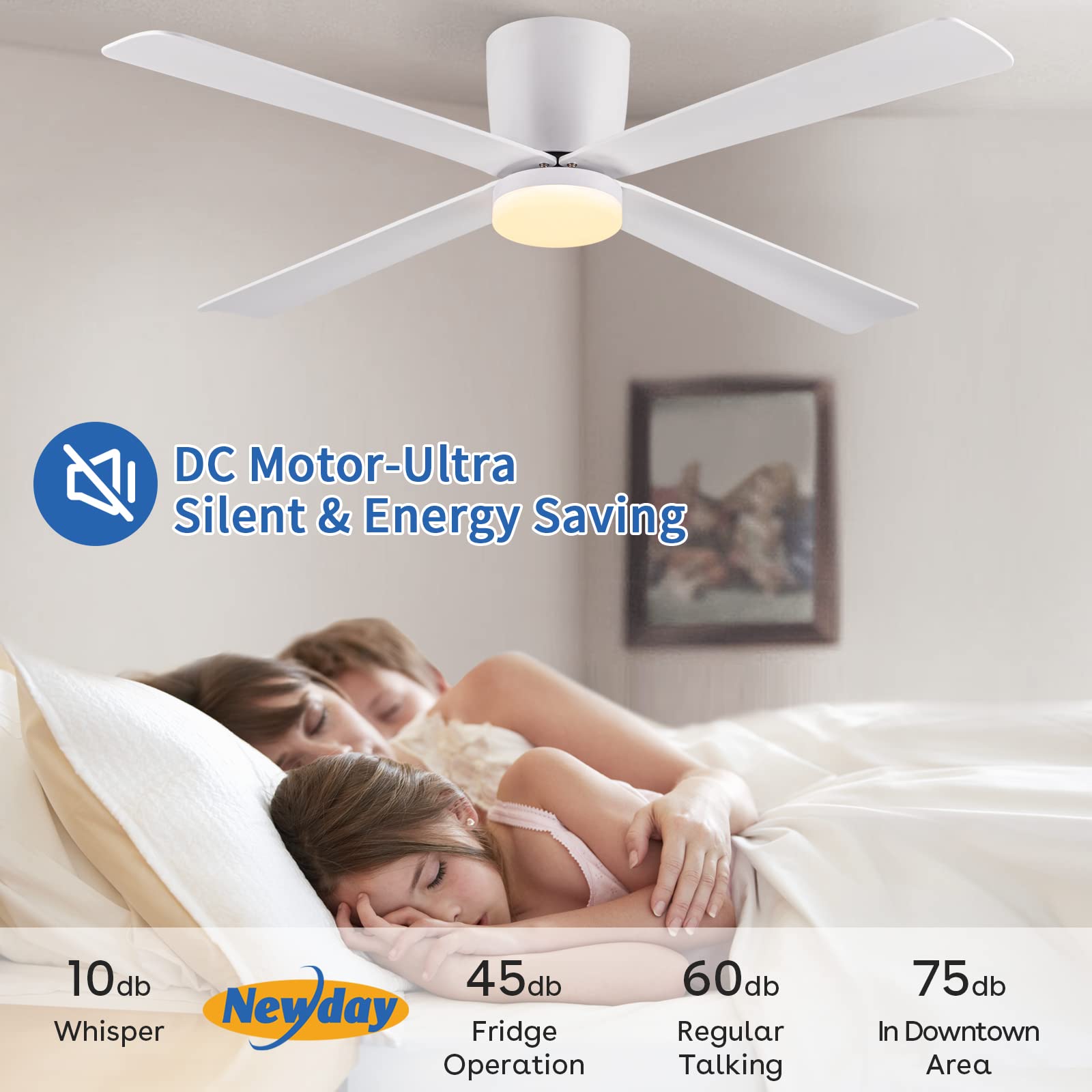 Newday 122cm Ventilatori da Soffitto con Luci e Telecomando Bianco, LED Ventilatore da Soffitto Silenzioso con Motore DC, Lampadario con ventilatore da soffitto Reversibile per Camera da Letto Cucina