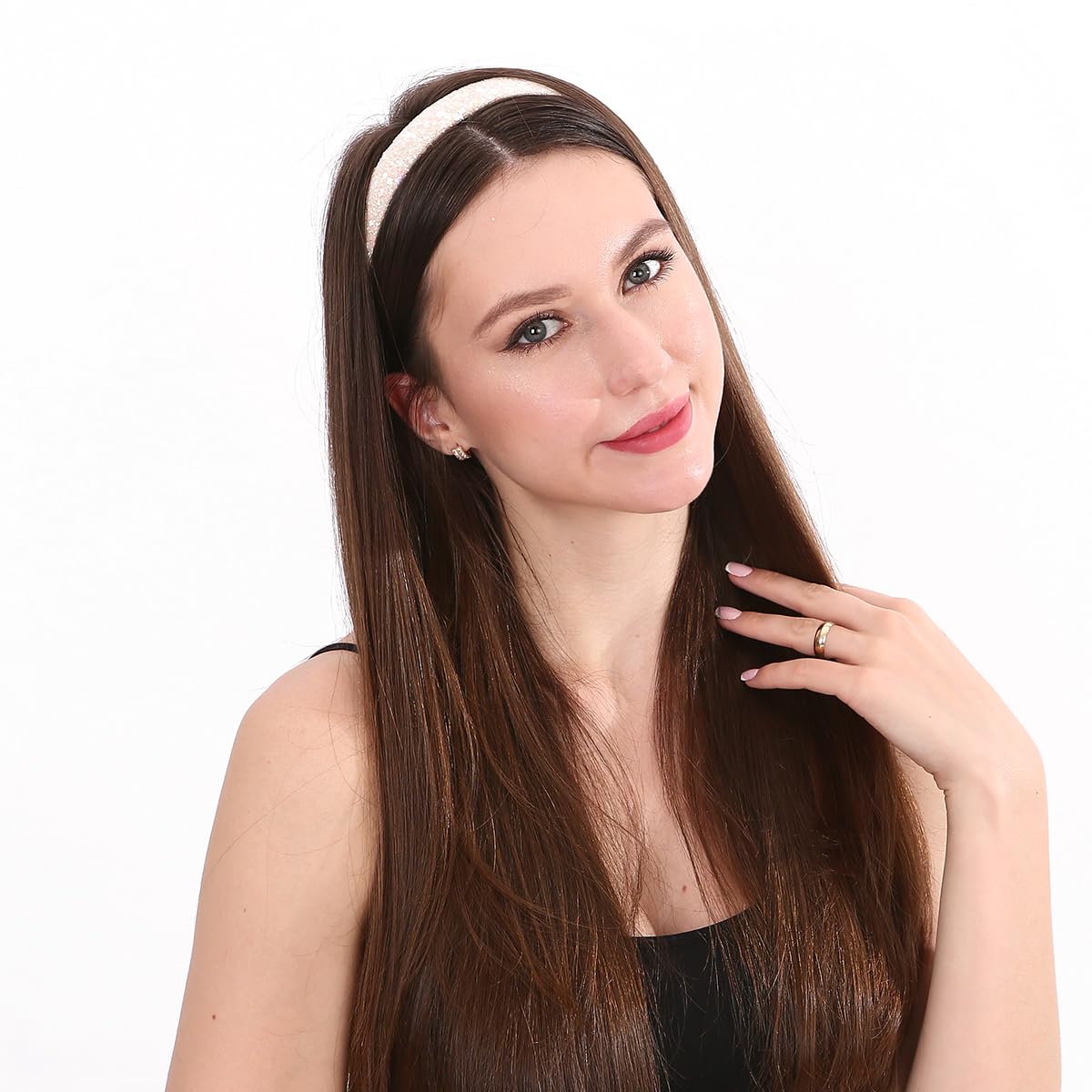 LONEEDY Cerchietti Per Capelli Con Paillettes - Set Da 3 Per Bambine E Ragazze - Velluto Morbido, Largo 3,5 Cm - Colore Rosa