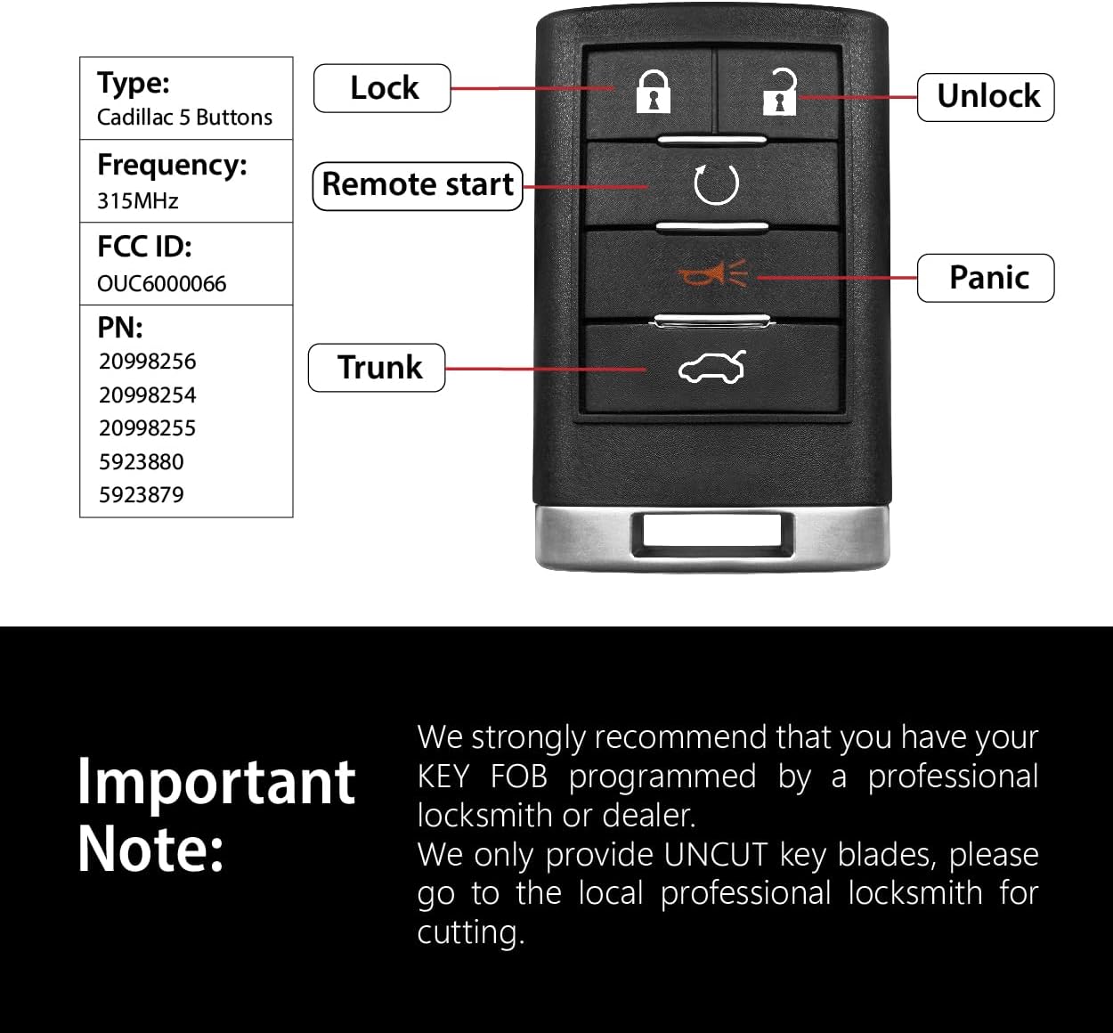 Car Key Fob Remote Keyless Entry Control OUC6000066 315MHz 5 Button Replacement for 2007-2013 Cadillac CTS DTS SRX - 2 Pack