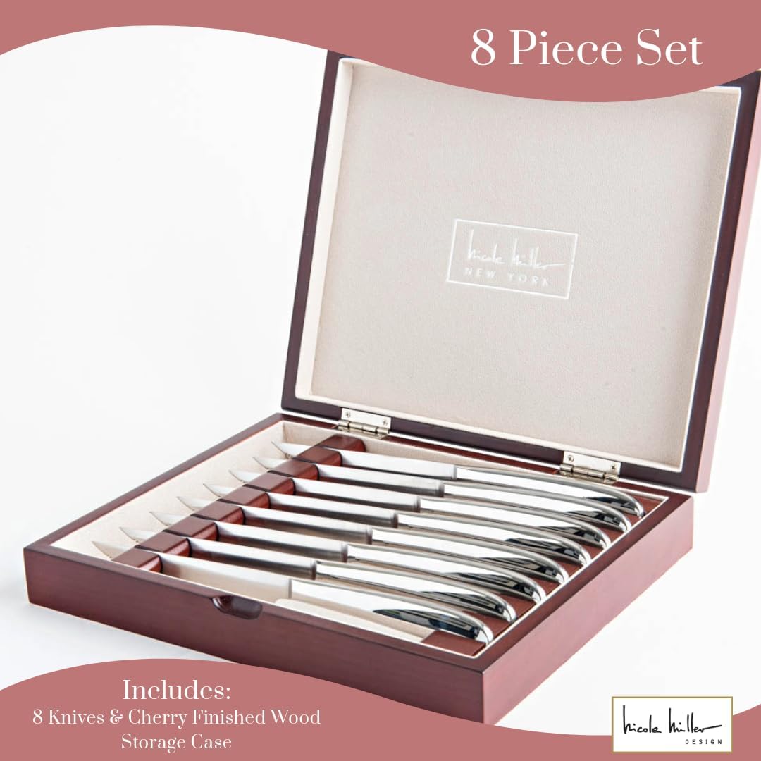 Nicole Miller Steak Knife Set - 8-Piece Stainless Steel Steak Knife Set with Mahogany Storage Case