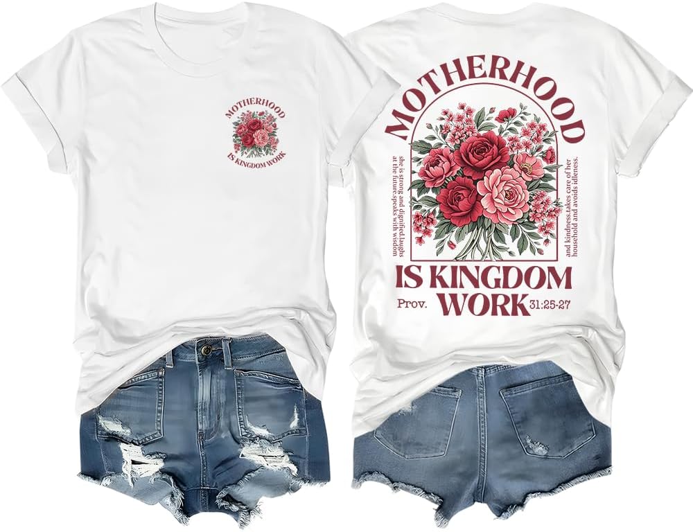 Christian Shirts for Women Motherhood is Kingdom Work Shirt Boho Floral Christian Casual Graphic Tee