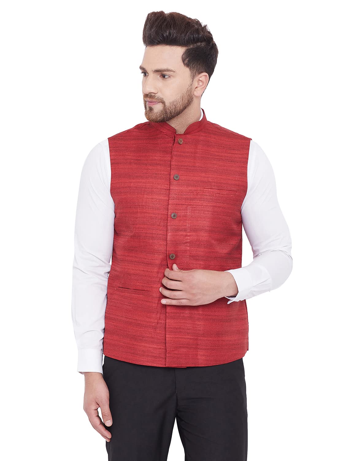 vastramay Men's Maroon Silk Blend Nehru Jacket-VASMJ121MA_38-picture-14