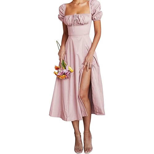 Linsery Women's Puff Sleeve Floral Maxi Dress Elegant Square Neck Cottagecore Boho Split Long Dresses