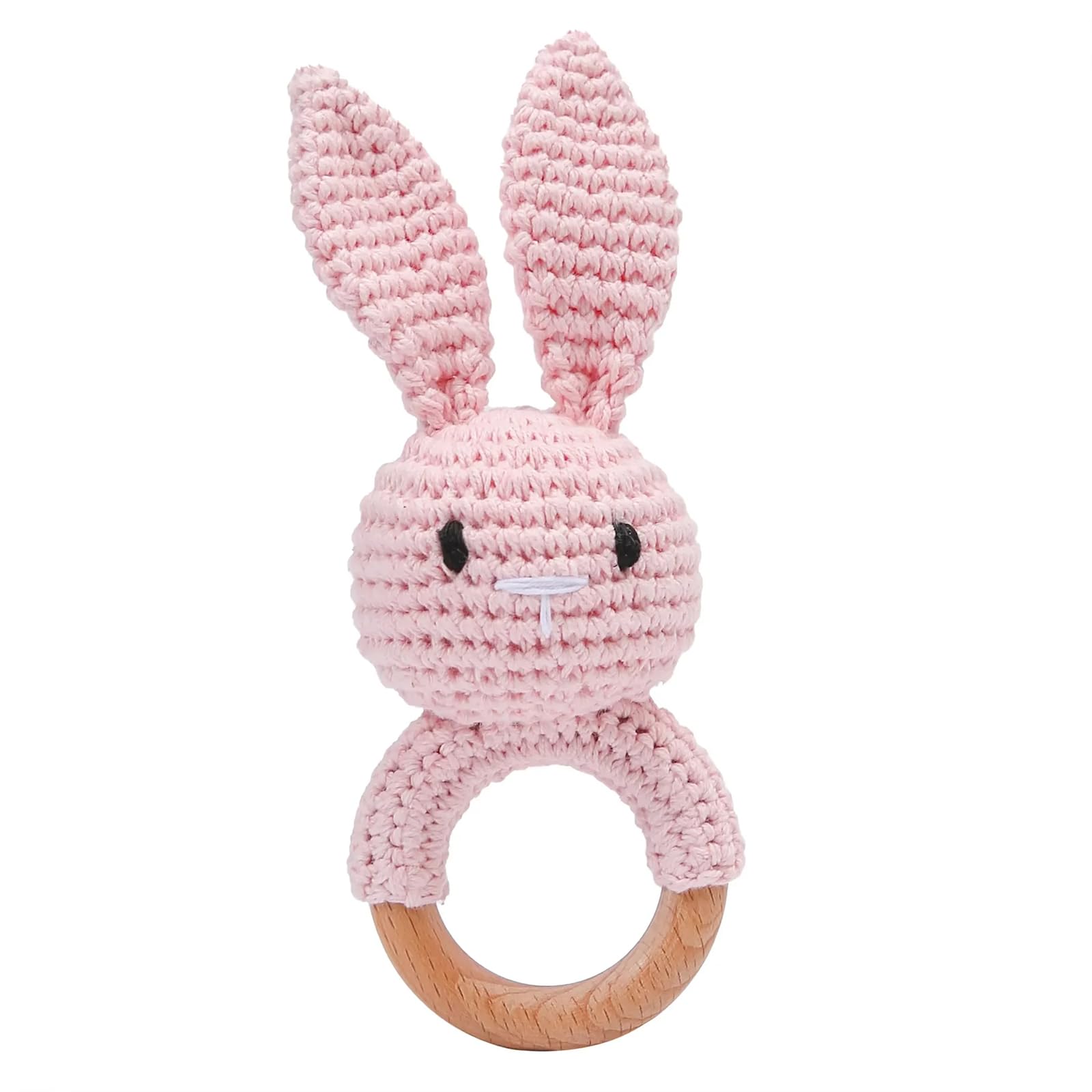 Jessruly Handcrafted Animal Rattle – Soft Crocheted Toys with Wooden Teether, BPA-Free Animal Rattles in Cotton & Safe Natural Materials (Pink Bunny)