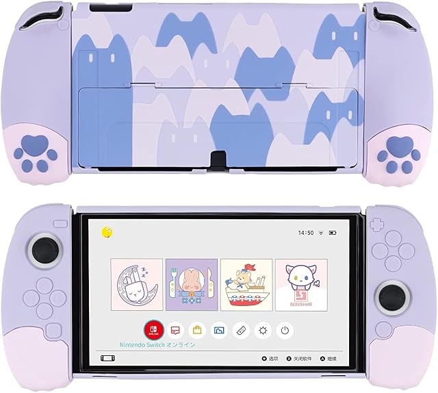 GeekShare Cute Protective Case Compatible with Nintendo Switch OLED Console and Joy Con- Shock-Absorption and Anti-Scratch Slim Cover Case with Ergonomic Design for Switch OLED Model-- Purple