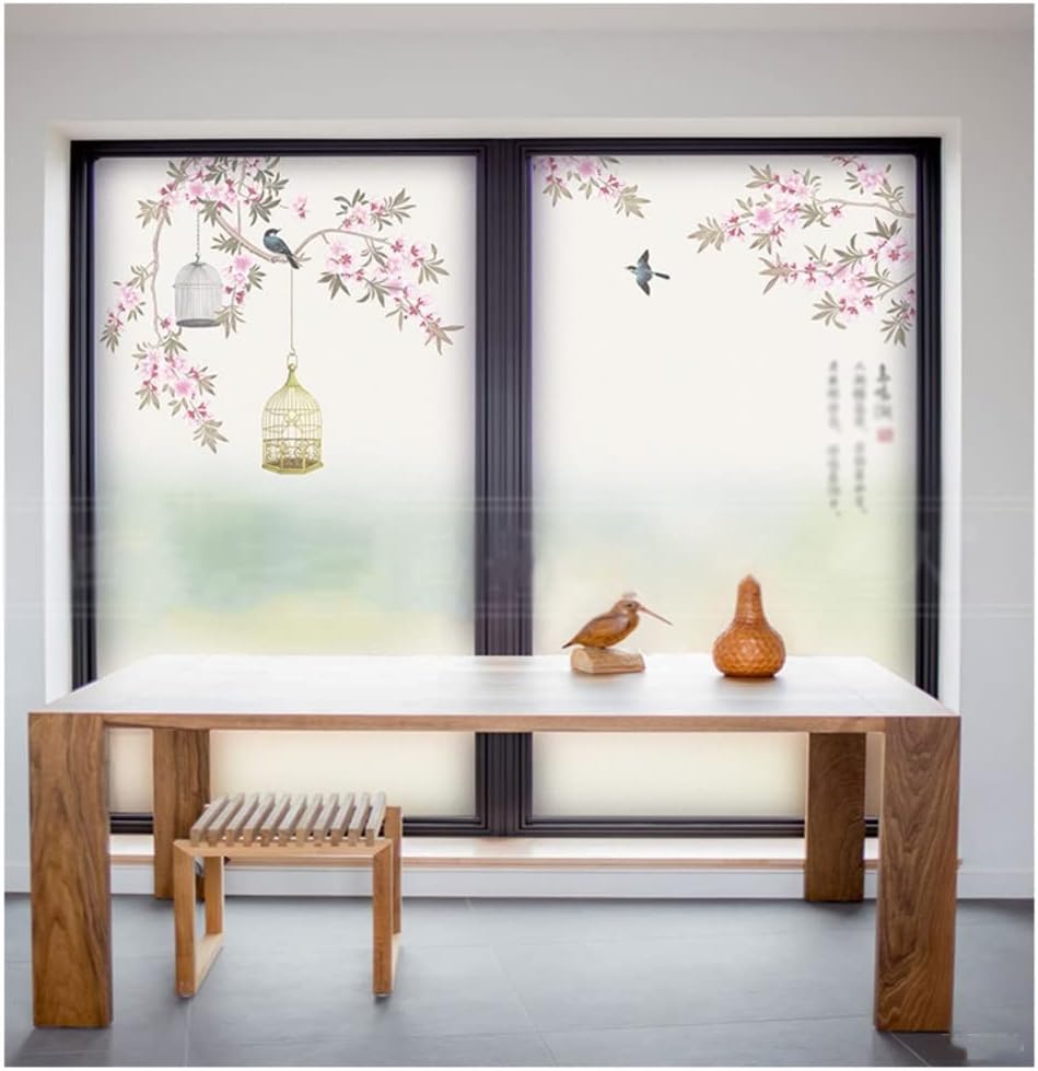 Window Privacy Film Window Film Window Privacy Film Chinese Flower and Bird Pattern Glue-Free Frosted Balcony Bathroom Window Decoration Window Paper Blackout Window Film Window Films(A,30 * 120 cm)