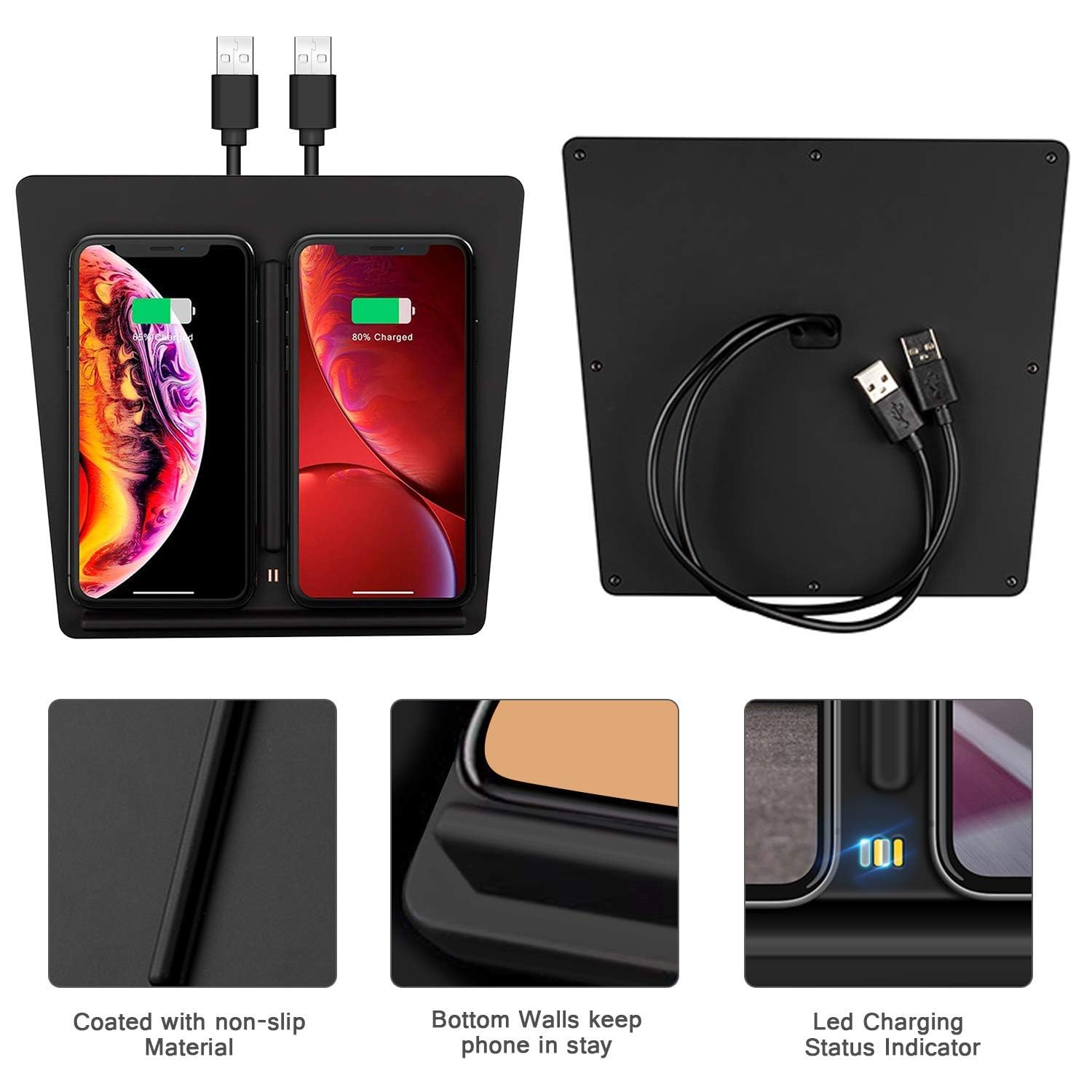 VXDAS Cargador inalámbrico para Tesla Modelo 3, Puertos USB Dobles Plataforma de Carga inalámbrica para Tesla Modelo 3, Cargador móvil Dual para Todos los teléfonos habilitados para Qi