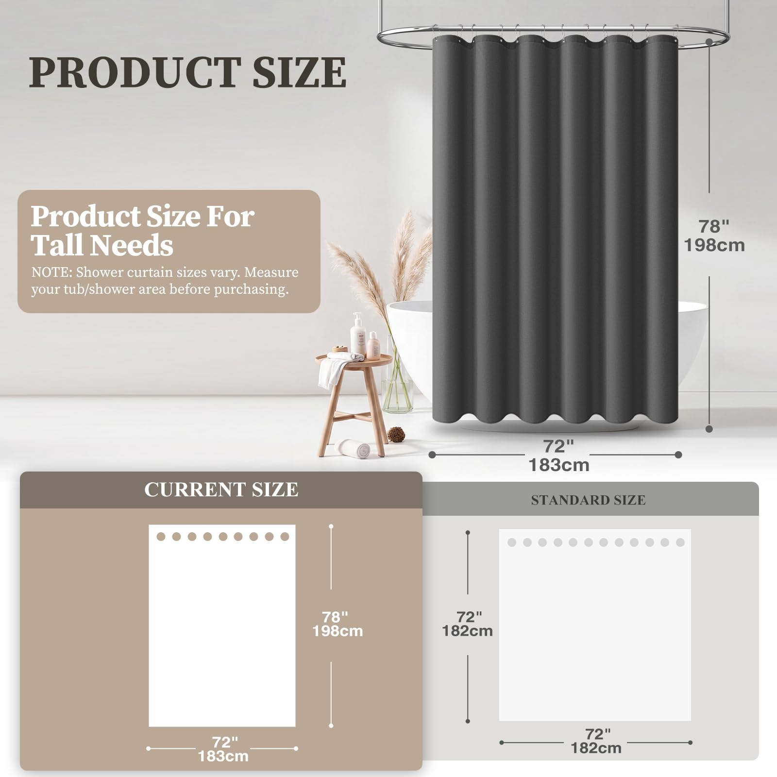 BTTN Rideau de douche de 198 cm de long, ensemble de rideaux de douche en tissu texturé épais et lin gris avec 12 crochets, rideaux de douche neutres pour hôtel imperméables en polyester pour salle de