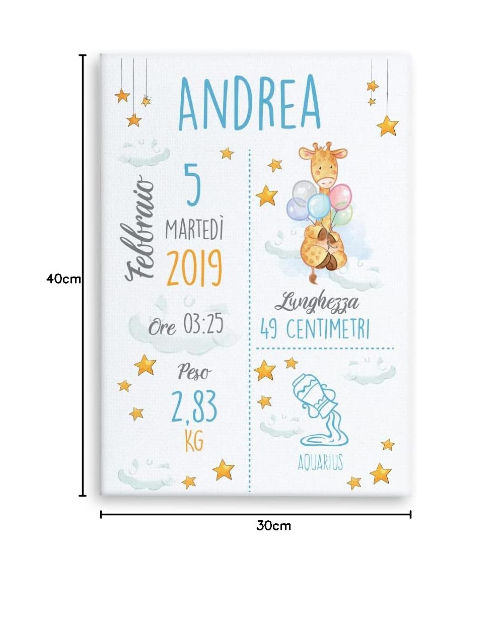 Babloo Quadro in Tela Quadretto Nascita Personalizzato Idea Regalo Bimbo Neonato Grafica Giraffa 30X40cm (Azzurro)
